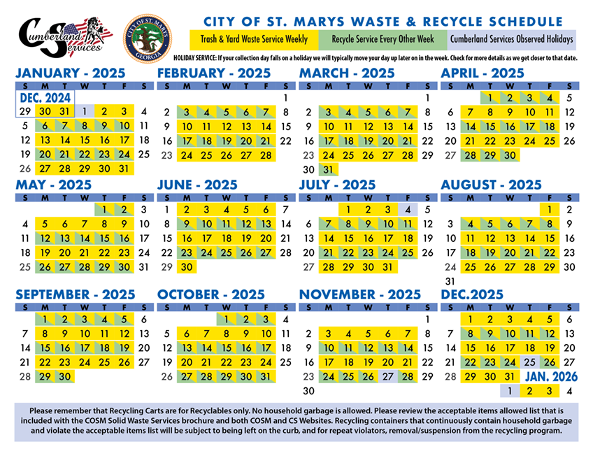 Cumberland Services City of St Marys waste and recycle schedule.