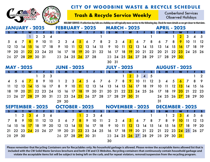 Cumberland Services City of Woodbine waste and recycle schedule.